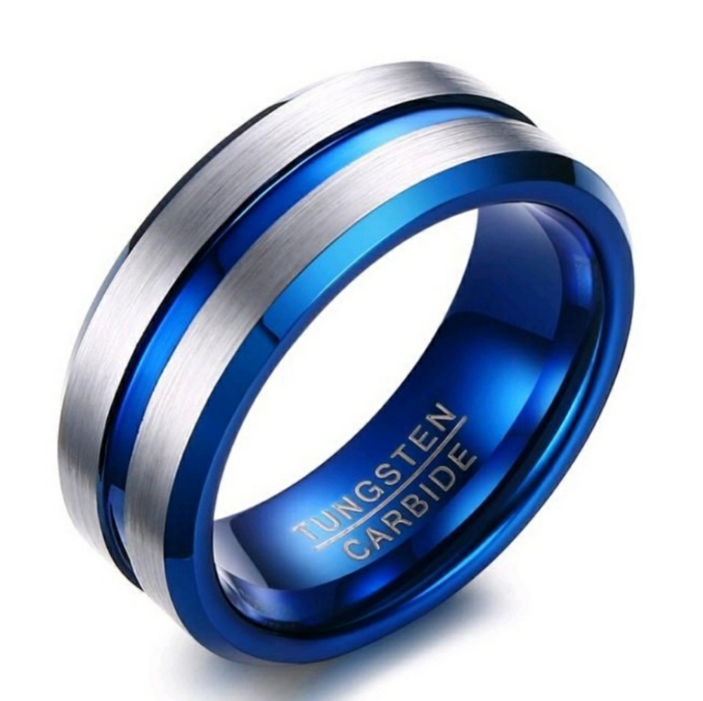 8mm Tungsten Carbide Men Thin Blue Line Ring